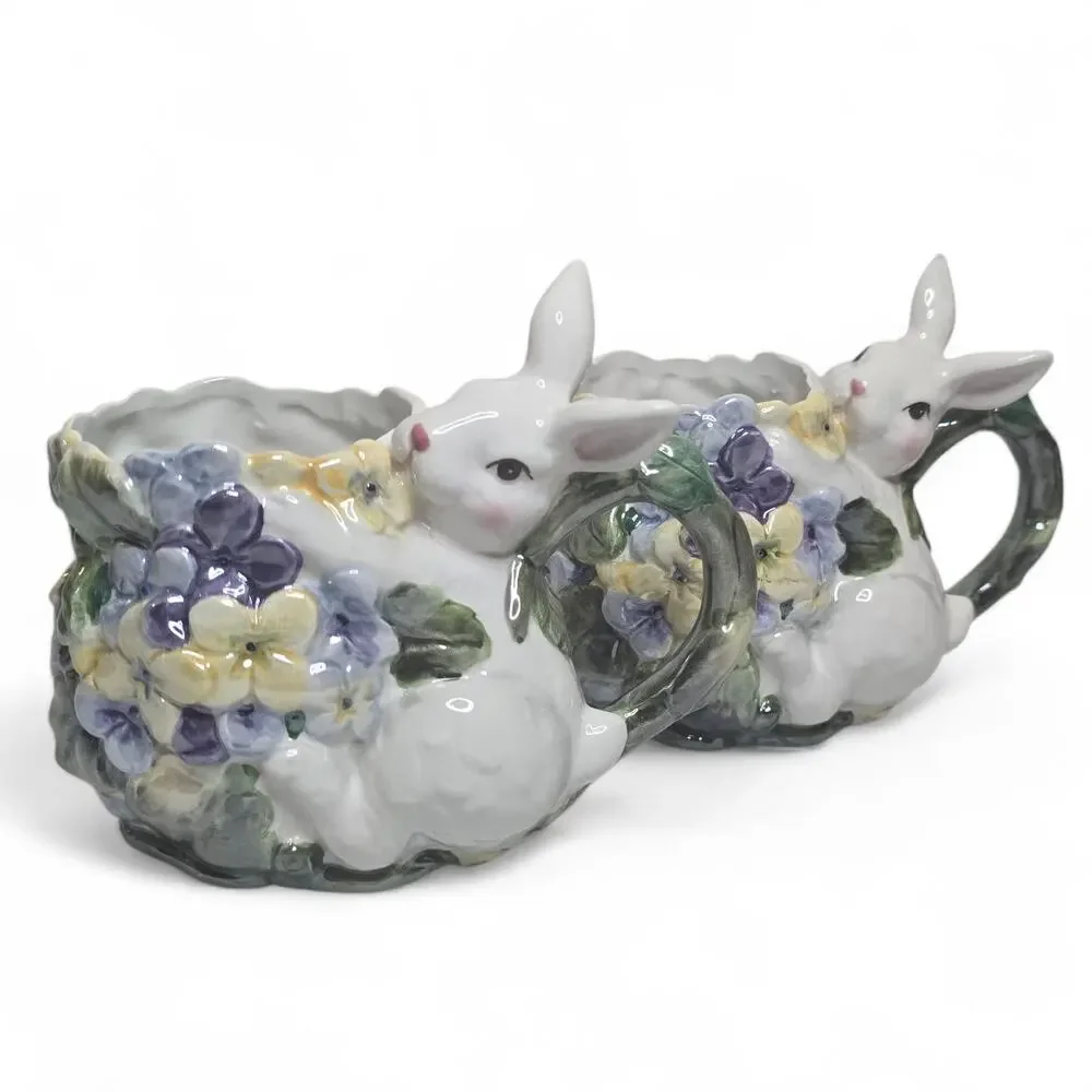 Vintage Enesco 2002 Pair of Bunny Flower Mugs Floral Spring Cups Ceramic Rabbits